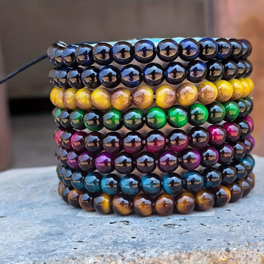 7-Piece Glass Tiger Eye Bead Bracelet Set – Colourful Good Luck Bracelets for Men & Women