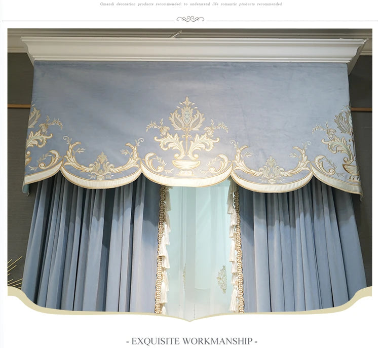 Modern European Luxury Curtains - Blue Velvet Spliced Tassel with Embroidered Tulle
