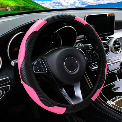 PU Carbon Fiber Leather Car Steering Wheel Cover - 14.5-15 Inches