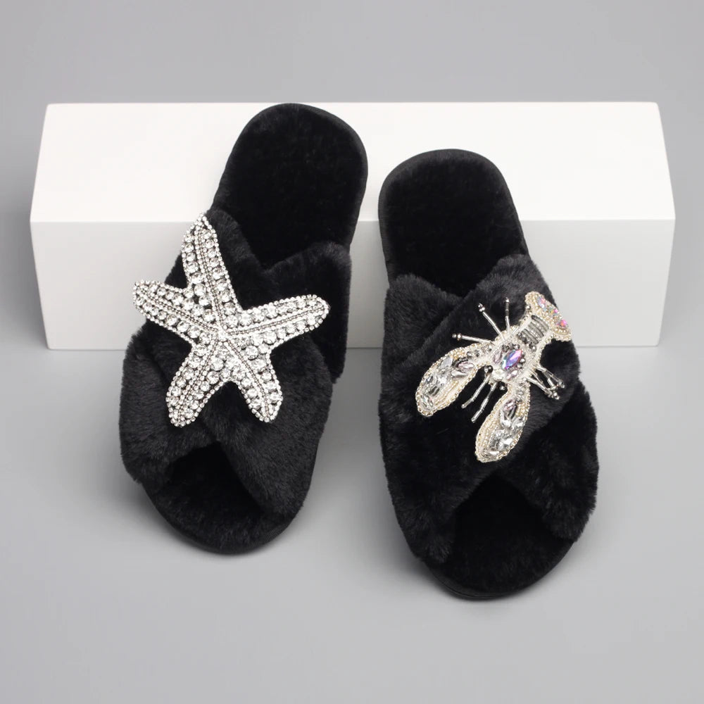 Women's Fur Slides - Fluffy Cross Strap Slippers with Starfish Lobster Decor - Shello's Creative Boutique