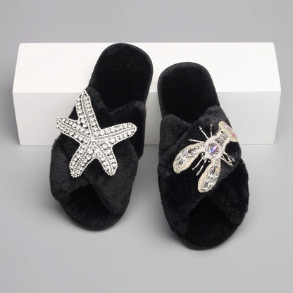 Women's Fur Slides - Fluffy Cross Strap Slippers with Starfish Lobster Decor - Shello's Creative Boutique