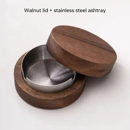 Stainless Steel & Walnut Wood Desktop Ashtray with Lid – Windproof
