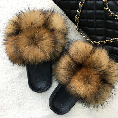Women's Real Fox Raccoon Fur Slippers - Fluffy Pom Pom Slides Beach Sandals