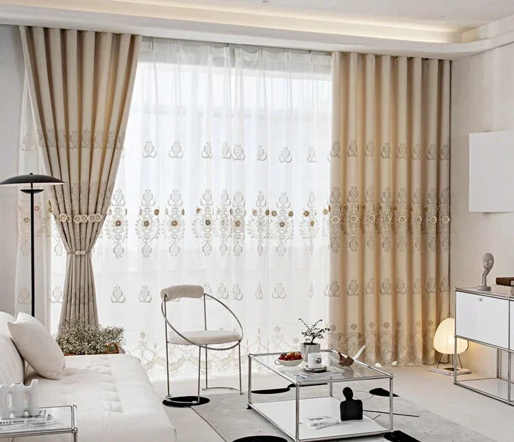 European Modern Blackout Curtains - Luxury Embroidered Tulle Villa Valance for Living Room & Bedroom