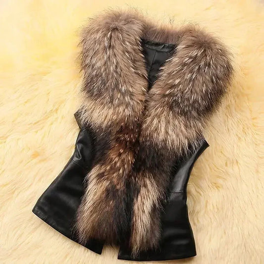 Faux Leather Vest with Fur Collar - Sleeveless Winter Coat