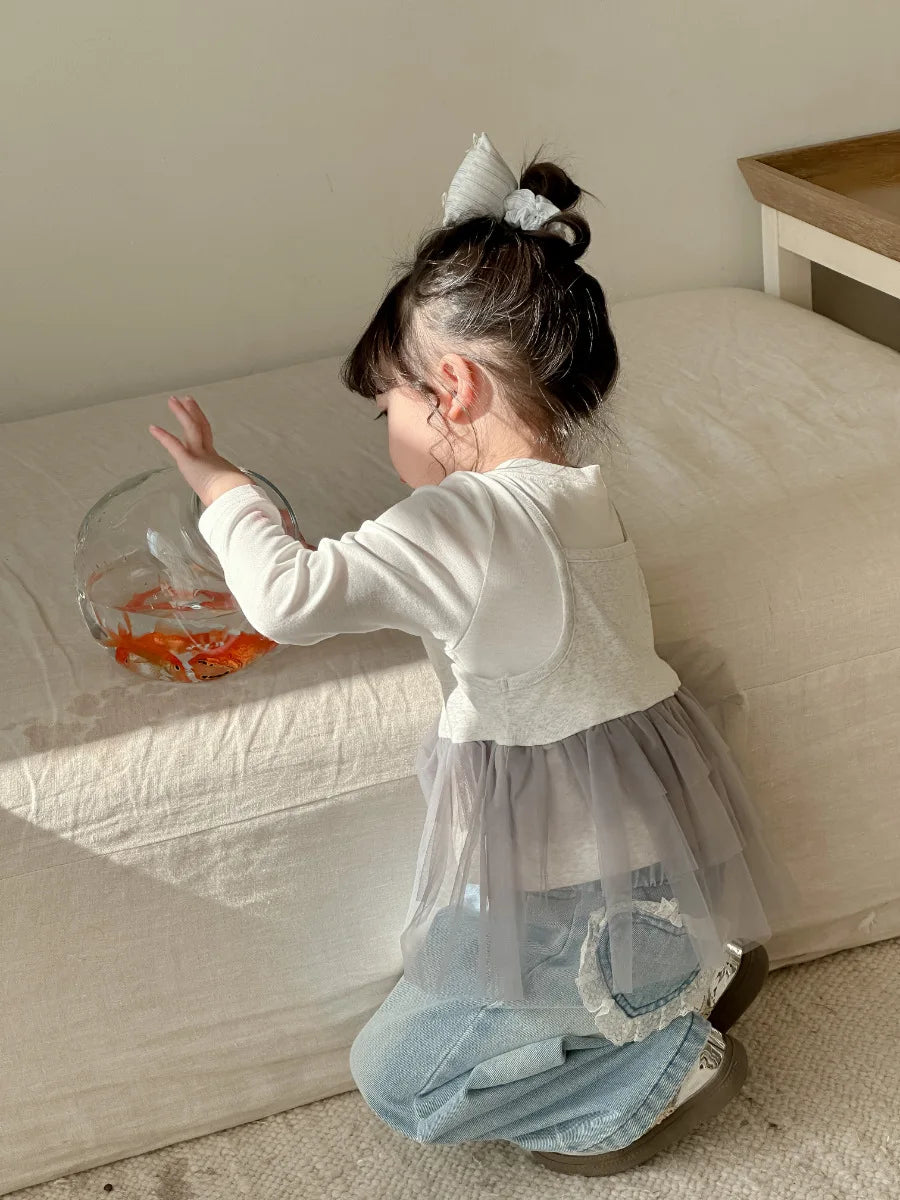 Girls Lace Straight Leg Jeans 2025 Spring Children Clothing Pants Children Korean Wide Leg Denim Pants Shello's Creative Boutique