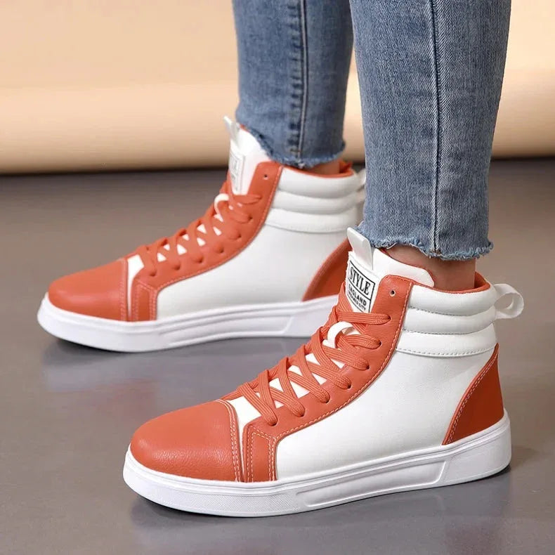 2025 Spring Fashion High-Top Sneakers - Unisex Leather Skateboarding Shoes (Red/White/Brown) - Shello's Creative Boutique