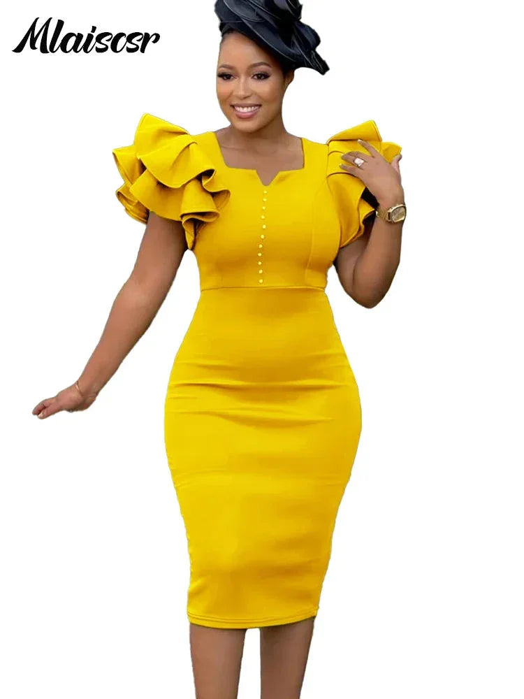 Elegant Square Neck Dress - Ruffled Beaded Mid-Length Evening Dress - Shello's Creative Boutique