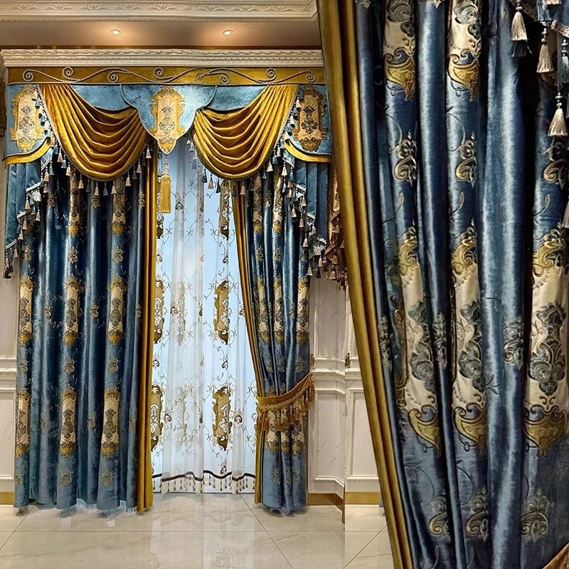 French European Blue Velvet Blackout Curtains - Custom Bay Window Drapes with Tulle Valance