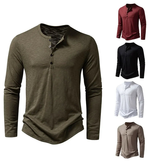 Men's Cotton Henley Neck T-Shirt - Long Sleeve Casual Shirt