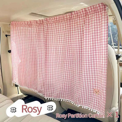A Set of Car Interior Partition Curtains - Checkered Car Partition Curtains, Sunshade Car Curtains, Cute Bear Design Retractable