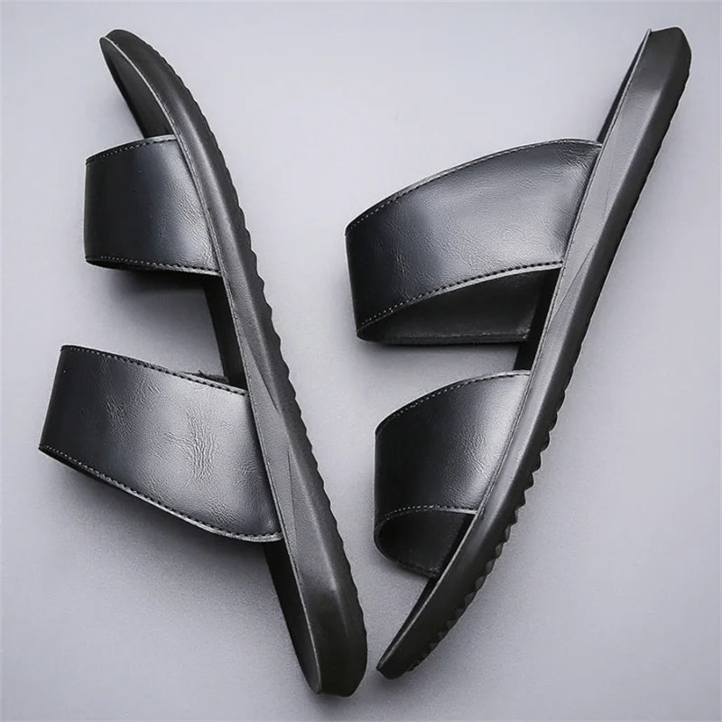 Men's Luxury Leather - Non-Slip Beach Sandals & Flat Casual Slides (Large Size 48) - Shello's Creative Boutique