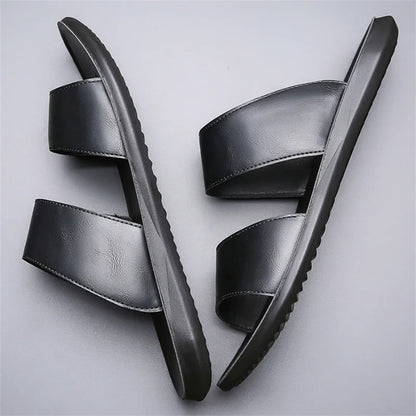 Men's Luxury Leather - Non-Slip Beach Sandals & Flat Casual Slides (Large Size 48) - Shello's Creative Boutique