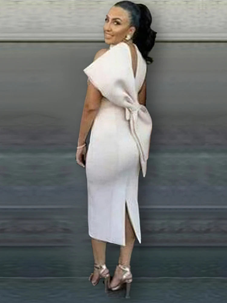 White Bodycon Dress with Back Bow - Sleeveless Party Gown - Shello's Creative Boutique