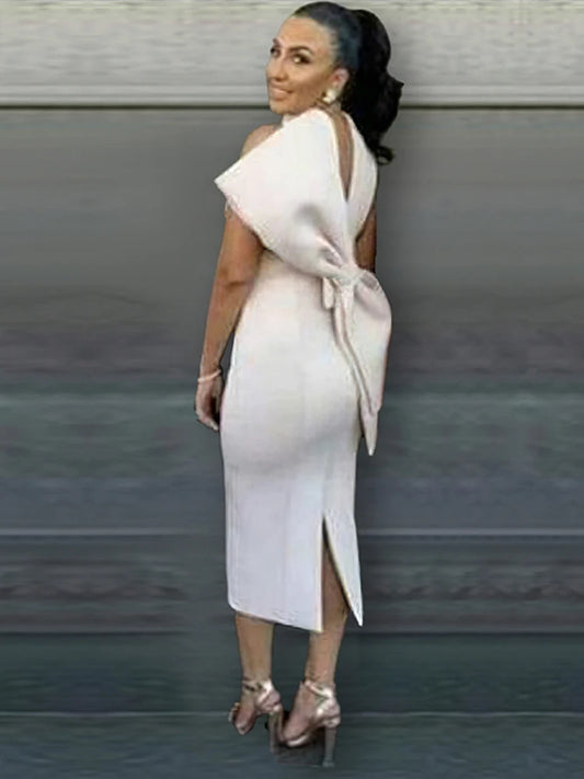 White Bodycon Dress with Back Bow - Sleeveless Party Gown - Shello's Creative Boutique