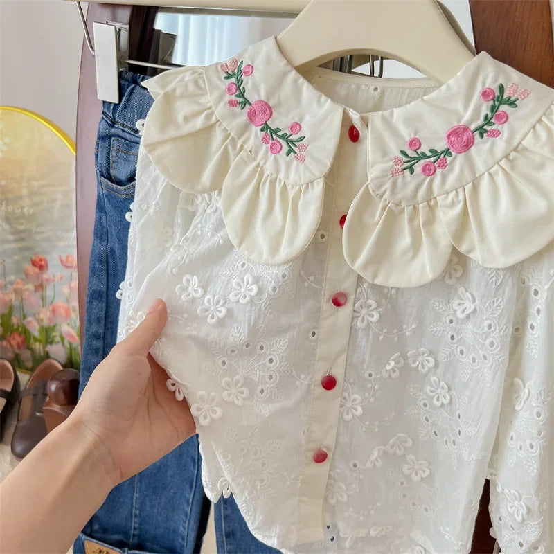 Children's Clothing Shirt 2024 New Girls Doll Shirt Childrens Clothing Autumn Clothing Korean Embroidered Shirt Baby Shello's Creative Boutique