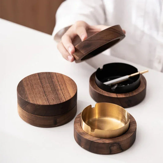 Stainless Steel & Walnut Wood Desktop Ashtray with Lid – Windproof