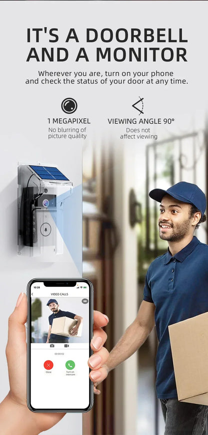 Outdoor Solar Wireless Video Doorbell with WiFi & Waterproof Cover