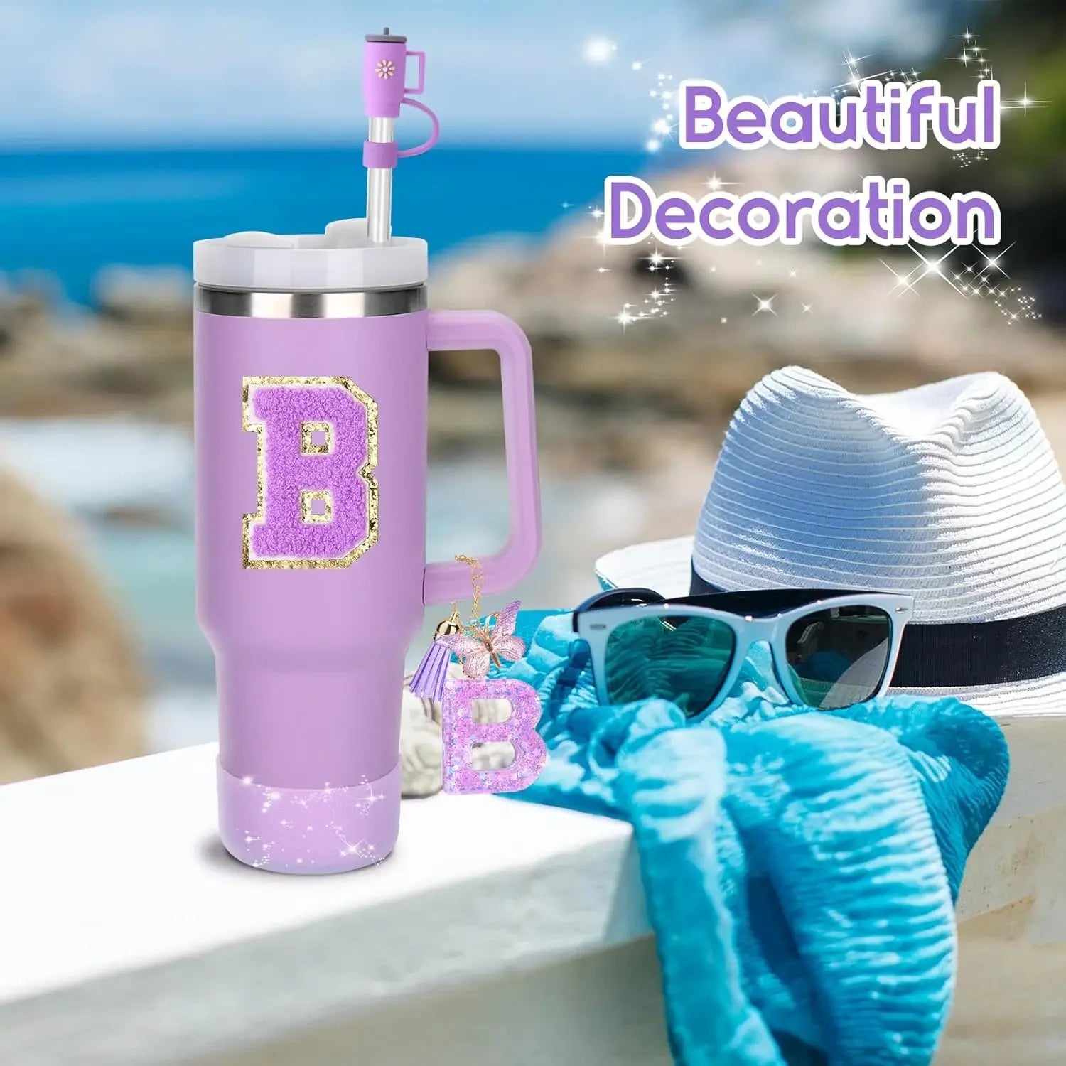 8PCS Accessories Set for Stanley Cup Purple 30oz 40oz tumbler Silicone Straw Topper Cover Cap Boot Handle Charm Initials Sticker - Shello's Creative Boutique