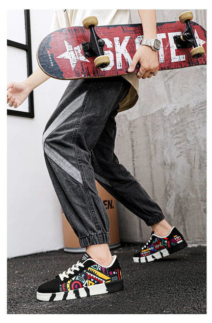 YRZL Men's Sports Running Shoes Canvas Geometric Style Lace-Up Sneakers Couples' Fashionable Graffiti Print Skate Shoes Men Shello's Creative Boutique