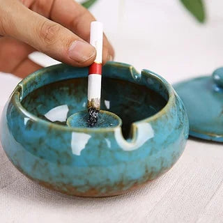 European Ceramic Ashtray with Lid – Kiln Glaze Retro Desktop Ash Tray