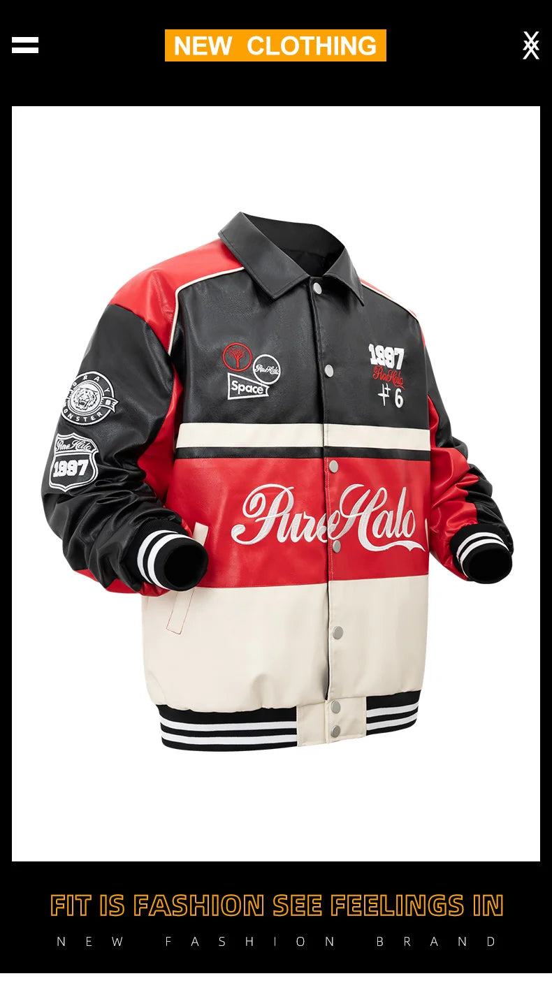 Women's Faux Leather Jacket Motorcycle Bomber Windproof Coat Spring&Autumn Warm Plus Size Baseball Coat Color-blocked Embroidery - Shello's Creative Boutique