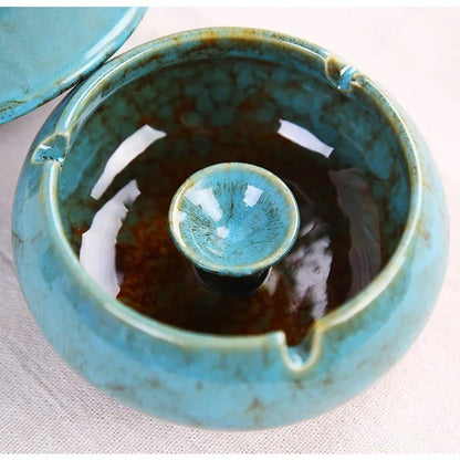 European Ceramic Ashtray with Lid – Kiln Glaze Retro Desktop Ash Tray