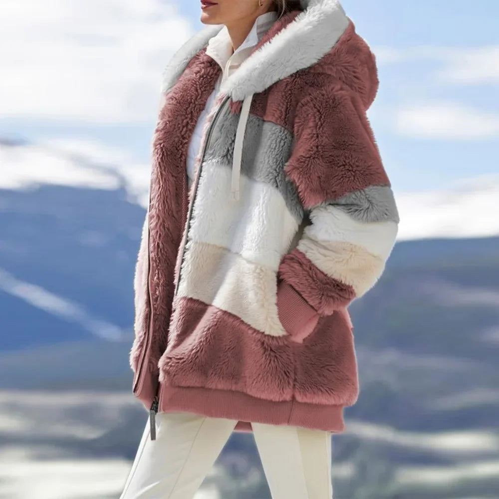 Women's Winter Hooded Coat 2026 - Thick Cashmere Plaid Stitched Jacket with Zipper - Shello's Creative Boutique