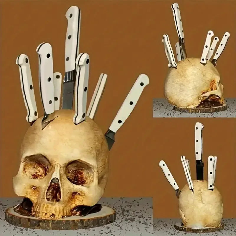 Skull Knife Holder Stand – Gothic Kitchen Knife Rack for Halloween & Home Décor