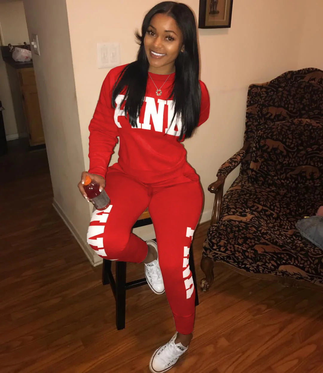 Women's letter-print set: red long-sleeve top and jogger pants with white NLA side print
