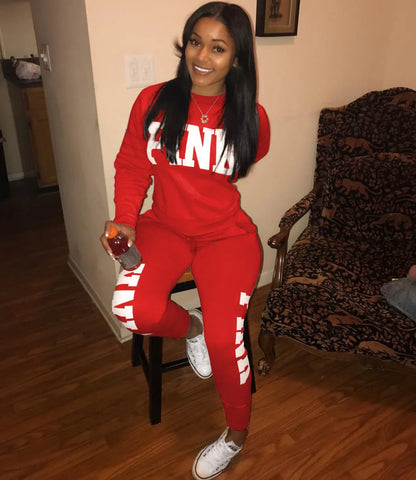 Women's letter-print set: red long-sleeve top and jogger pants with white NLA side print