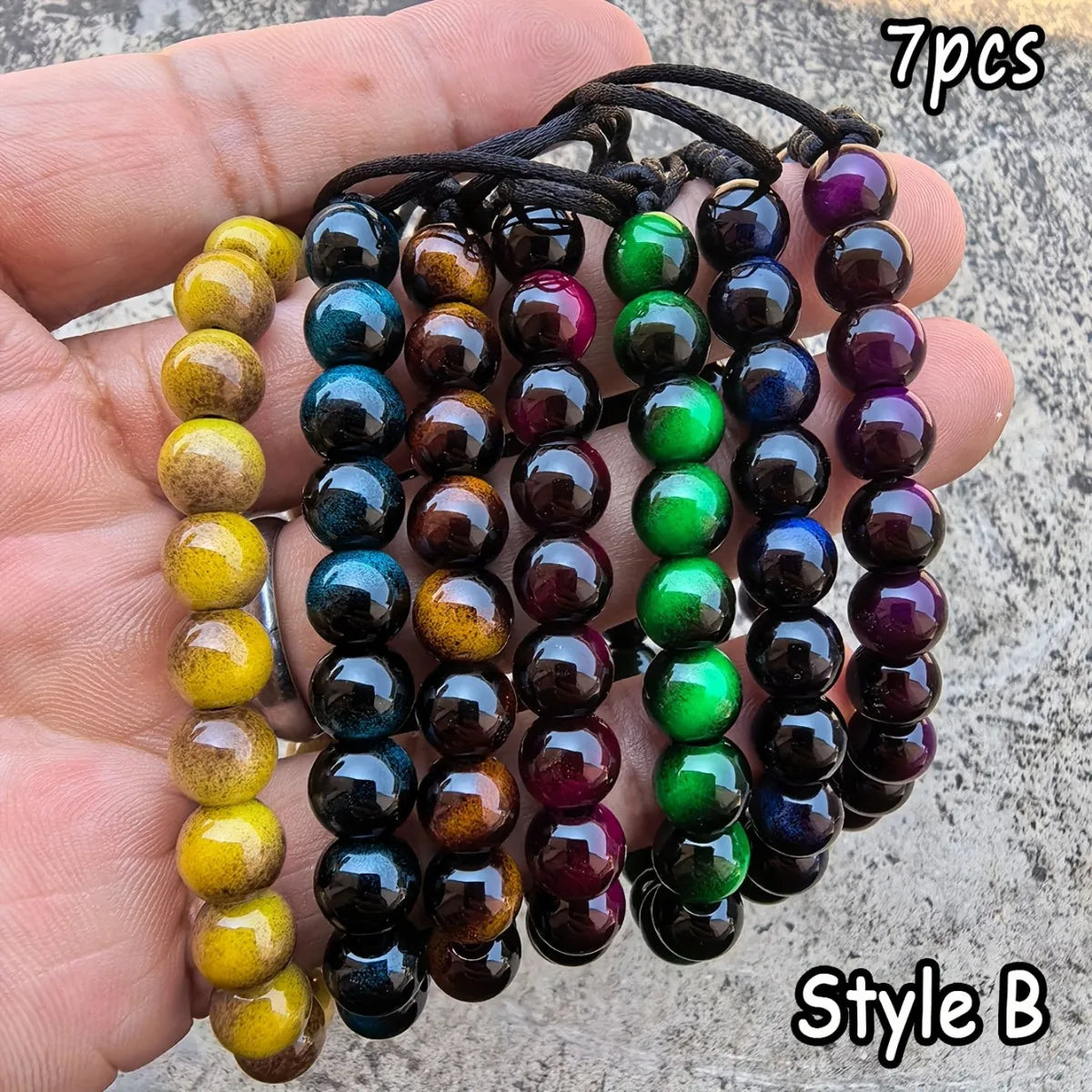 7-Piece Glass Tiger Eye Bead Bracelet Set – Colourful Good Luck Bracelets for Men & Women