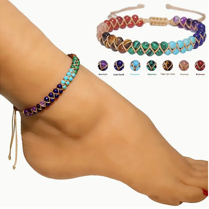 7 Chakras Boho Ankle Bracelet – Double-Layer Braided Turquoise Beach Jewellery