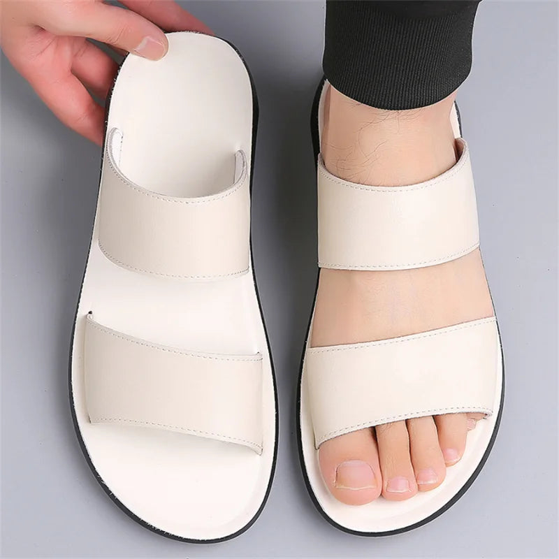 Men's Luxury Leather - Non-Slip Beach Sandals & Flat Casual Slides (Large Size 48) - Shello's Creative Boutique