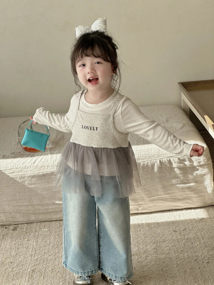 Girls Lace Straight Leg Jeans 2025 Spring Children Clothing Pants Children Korean Wide Leg Denim Pants Shello's Creative Boutique