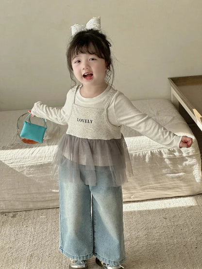 Girls’ Lace Straight-Leg Jeans – Spring 2025 Korean-Inspired Wide-Leg Denim - Shello's Creative Boutique