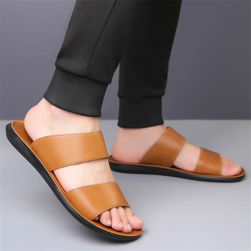 Men's Luxury Leather - Non-Slip Beach Sandals & Flat Casual Slides (Large Size 48) - Shello's Creative Boutique