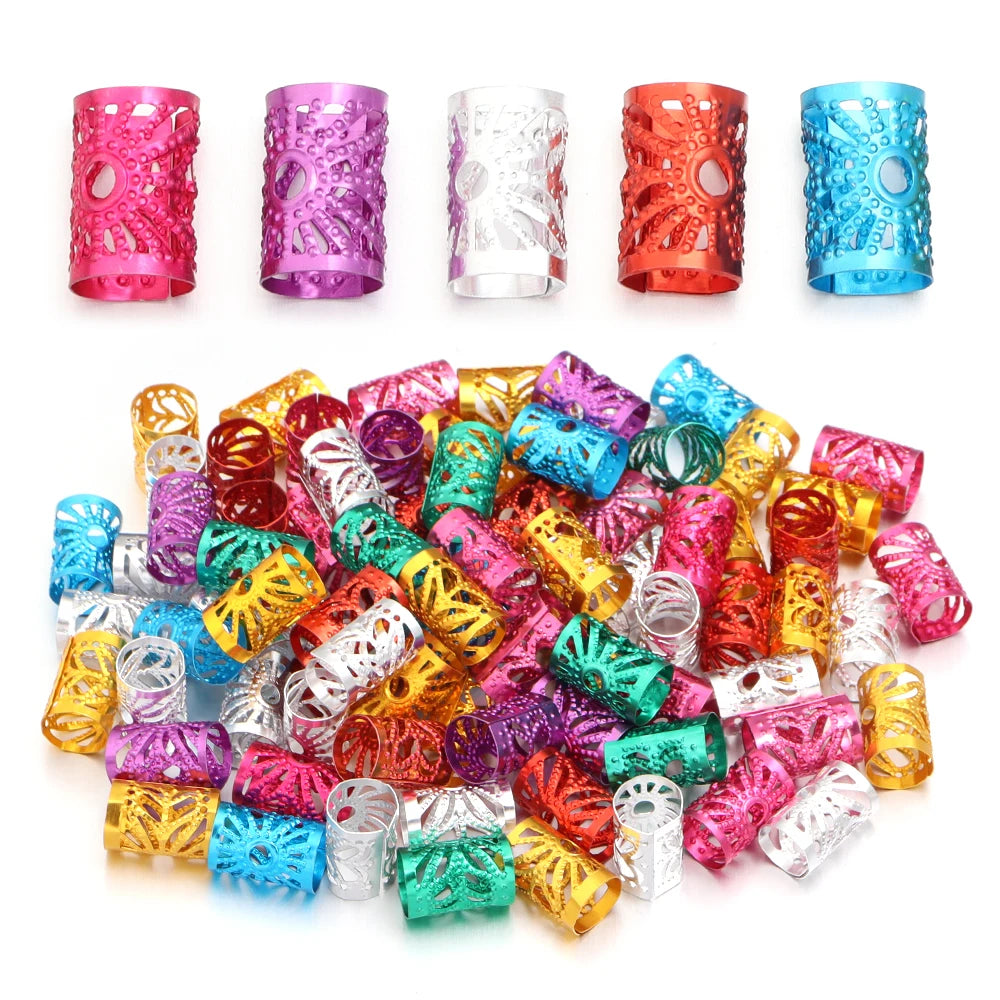 100Pcs/lot Dreadlock Hair Rings Metal Hollow Tube Dirty Dread Braids Adjustable for Cuffs Clip Hair Accessories Styling Tools - Shello's Creative Boutique