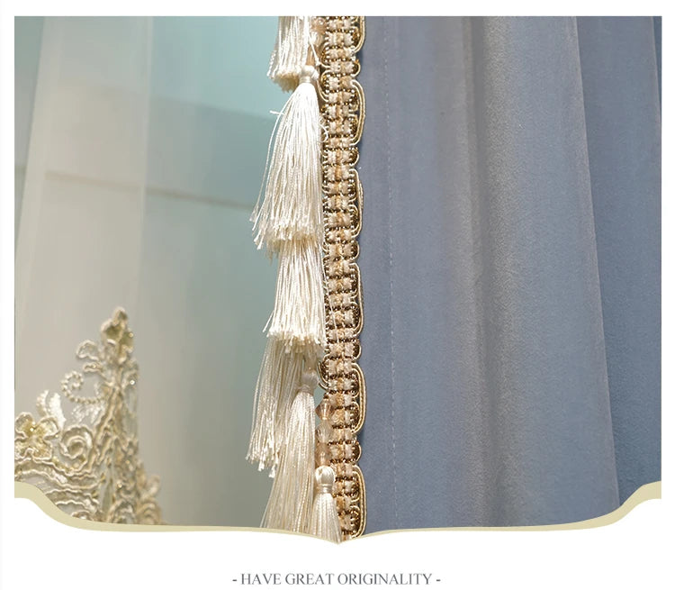 Modern European Luxury Curtains - Blue Velvet Spliced Tassel with Embroidered Tulle