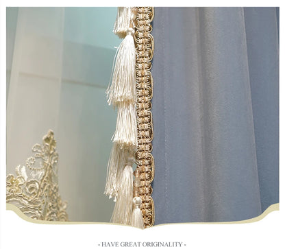 Modern European Luxury Curtains - Blue Velvet Spliced Tassel with Embroidered Tulle