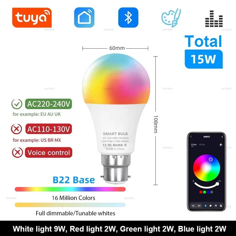 Smart LED Bulb - Tuya Bluetooth Dimmable 15W/18W RGBCW Colour Changing (E27/B22) - Shello's Creative Boutique