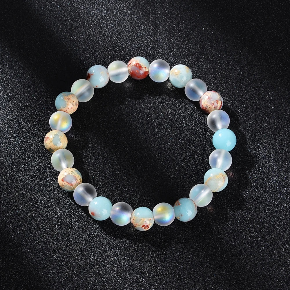Aura Quartz & Ocean Sediment Beaded Bracelet – Unisex Natural Crystal Stretch Bangle