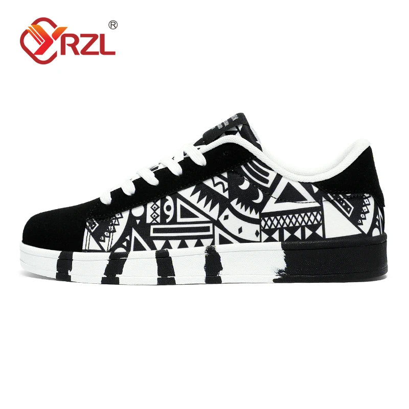 YRZL Men's Sports Running Shoes Canvas Geometric Style Lace-Up Sneakers Couples' Fashionable Graffiti Print Skate Shoes Men Shello's Creative Boutique