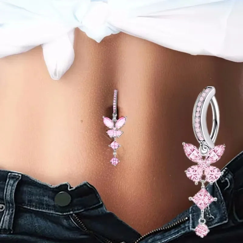 Pink Butterfly Crystal Belly Button Ring