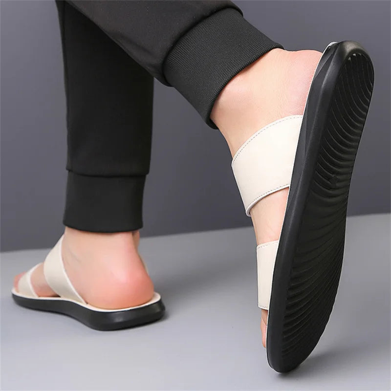 Men's Luxury Leather - Non-Slip Beach Sandals & Flat Casual Slides (Large Size 48) - Shello's Creative Boutique
