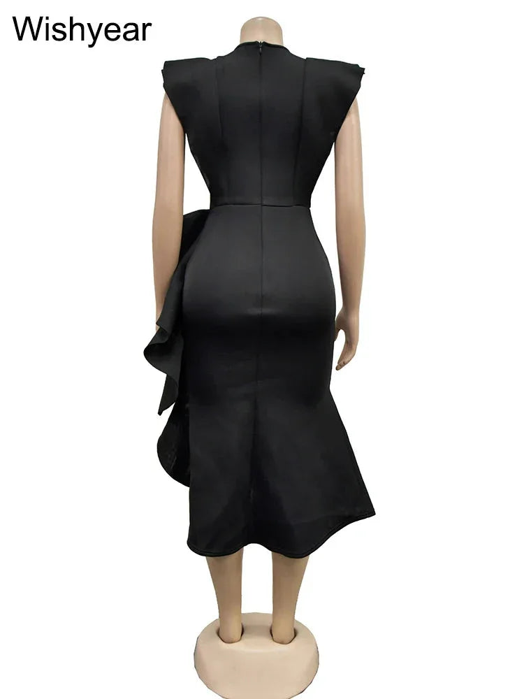 Flare Sleeve Bodycon Midi Dress - High Side Split with Ruffle Detail for Evening & Party - Shello's Creative Boutique