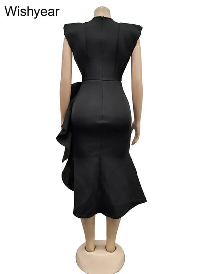 Flare Sleeve Bodycon Midi Dress - High Side Split with Ruffle Detail for Evening & Party - Shello's Creative Boutique