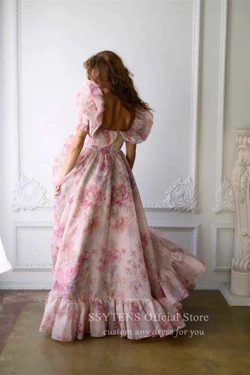 Chic Print Formal Party Dresses Puff Sleeves Ruffle Tulle Junior Pageant Senior Prom Gowns Gala Evening Event Customized Dress