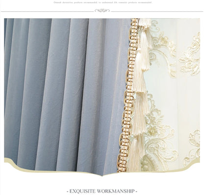 Modern European Luxury Curtains - Blue Velvet Spliced Tassel with Embroidered Tulle