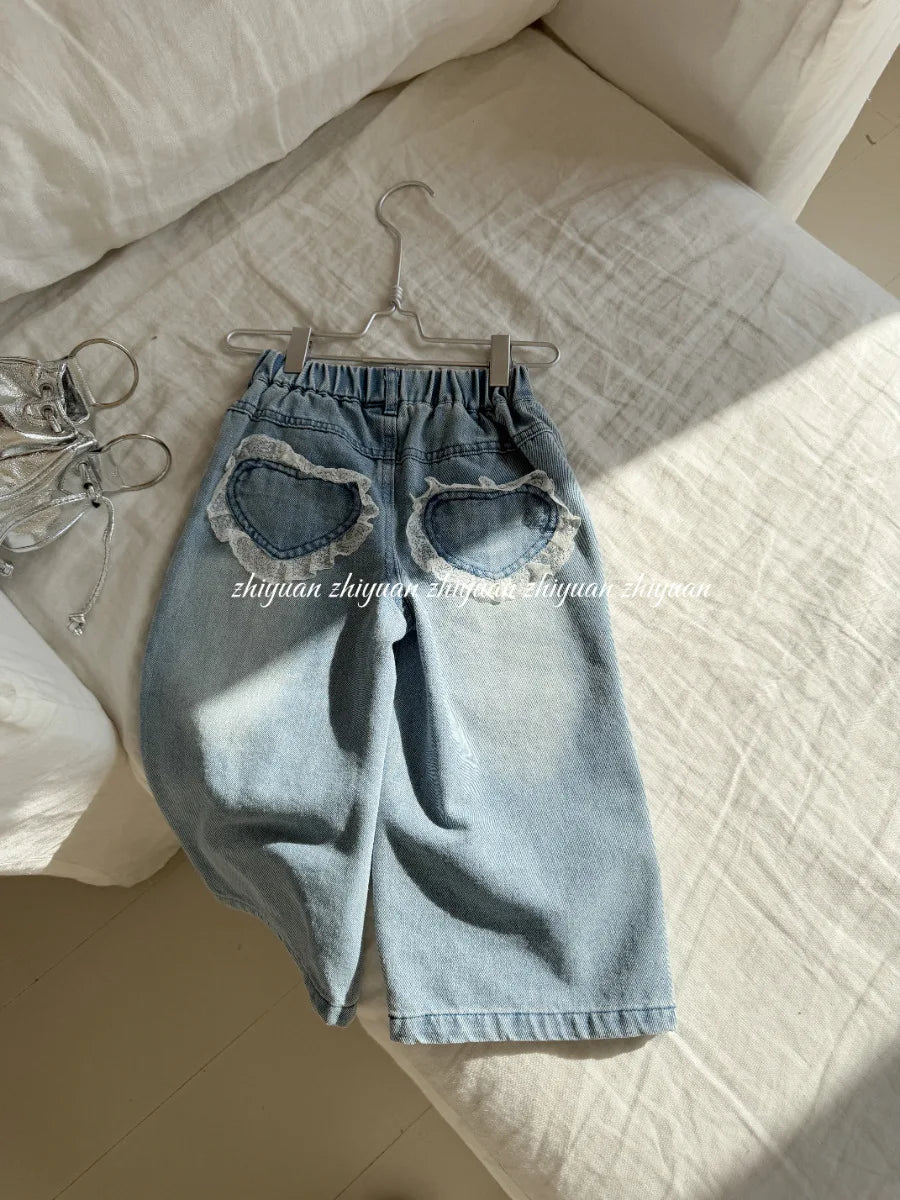 Girls Lace Straight Leg Jeans 2025 Spring Children Clothing Pants Children Korean Wide Leg Denim Pants Shello's Creative Boutique